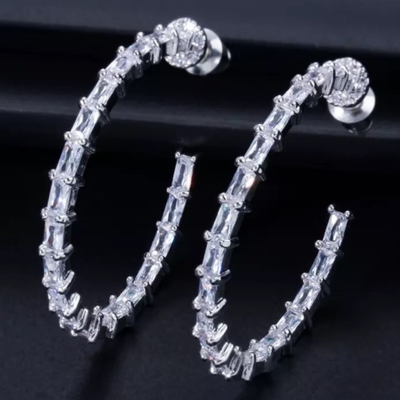 Anthropologie - Emerald Cut Hoops Double Inlay Eternity Earrings - Picture 4 of 16